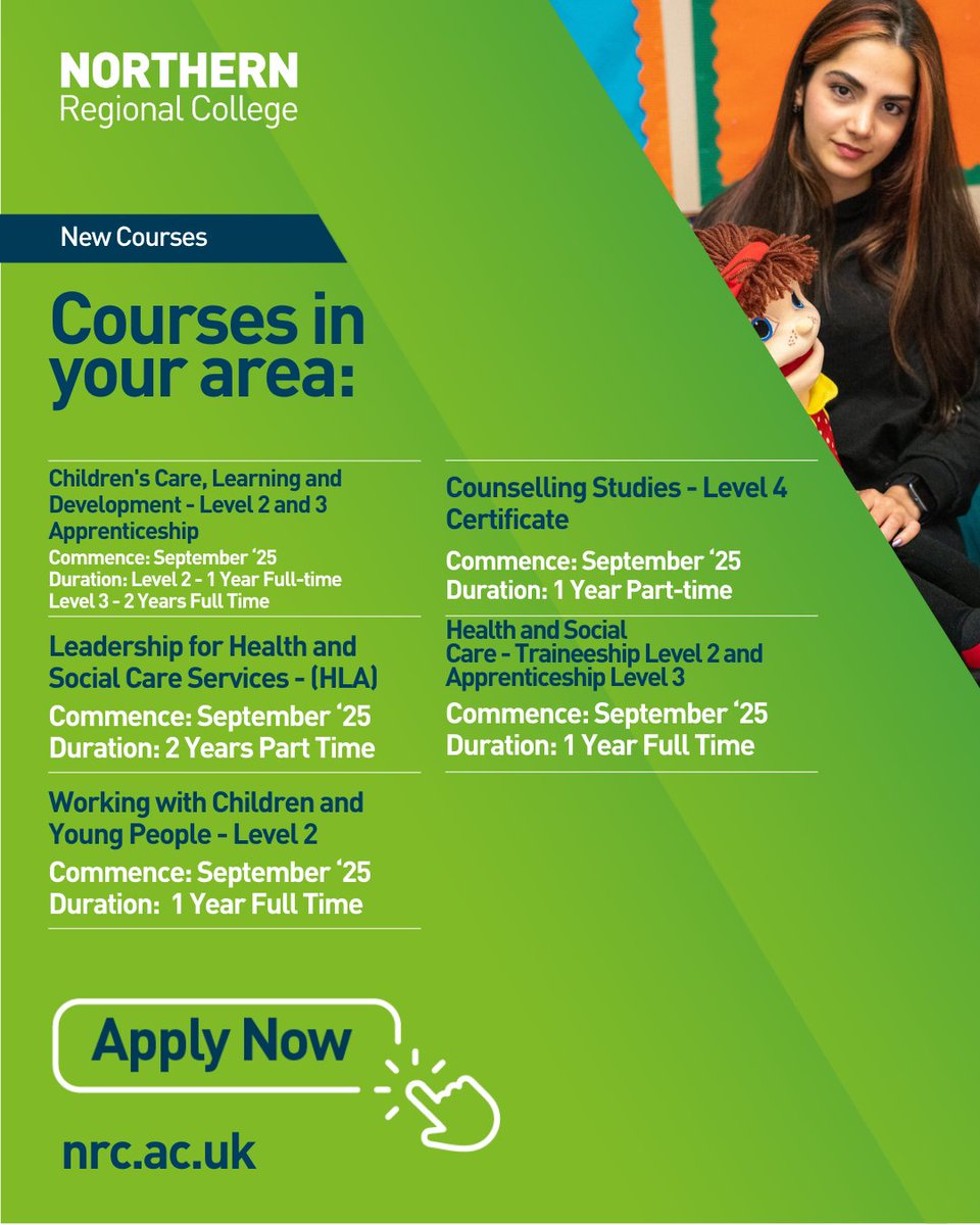 🚀 Launch your health and social care career with Northern Regional College! Our new apprenticeships and certificates cover everything from childcare and dental nursing to counselling and leadership.
APPLY NOW - nrc.ac.uk