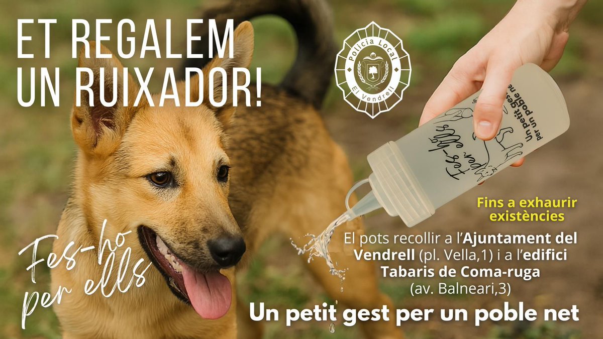 Ajuntament del Vendrell (@elvendrell_cat) on Twitter photo 🐕Ja pots passar per l'Ajuntament del Vendrell i per l'edifici Tabaris a recollir un ruixador gratuït per netejar les miccions del teu gos.
🫧L'objectiu d'aquesta iniciativa de la <a href="/plelvendrell/">PL El Vendrell</a> és aconseguir uns carrers i barris més nets. 🐕Ja pots passar per l'Ajuntament del Vendrell i per l'edifici Tabaris a recollir un ruixador gratuït per netejar les miccions del teu gos.
🫧L'objectiu d'aquesta iniciativa de la <a href="/plelvendrell/">PL El Vendrell</a> és aconseguir uns carrers i barris més nets.