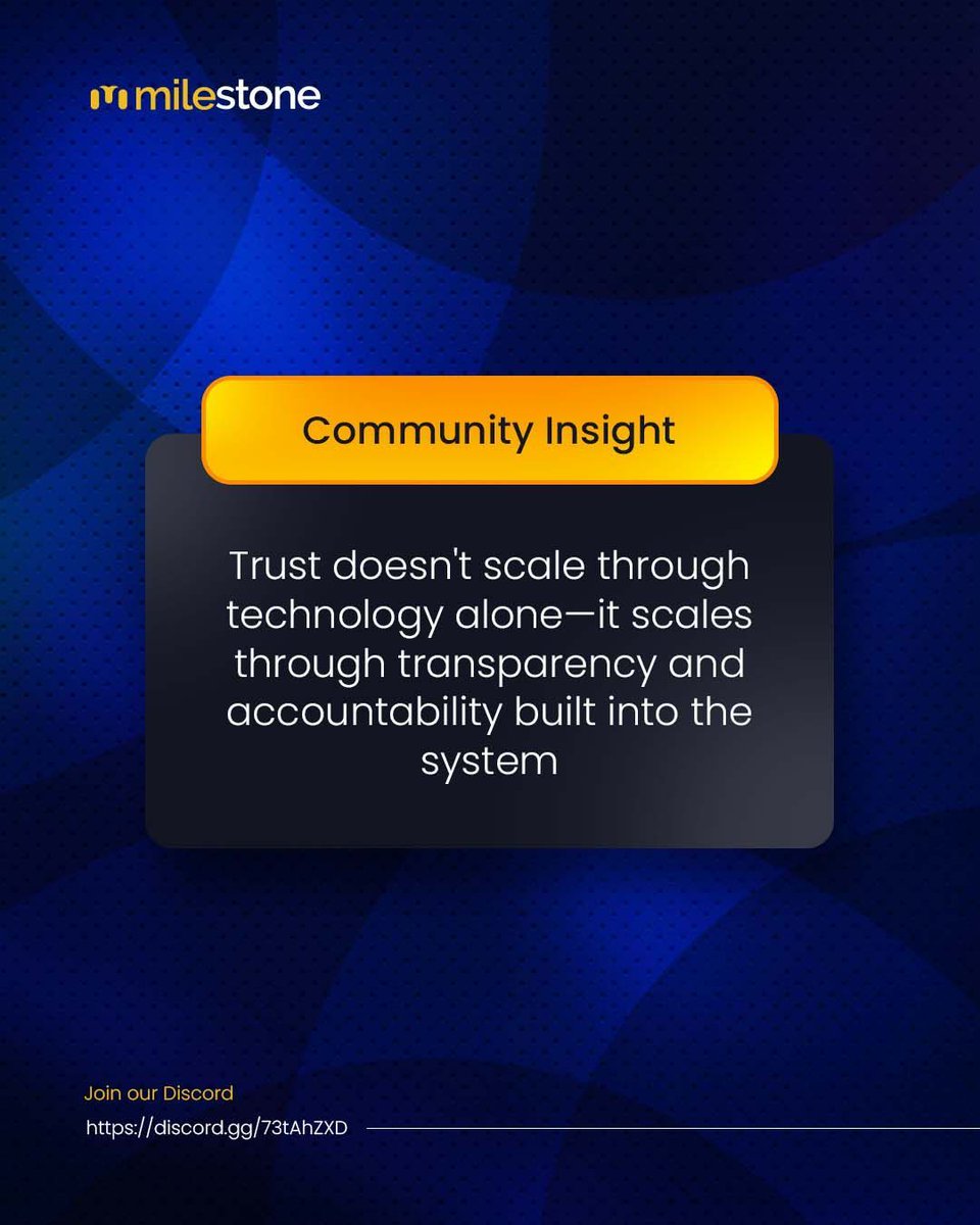 _ourmilestones's tweet photo. 'Trust doesn't scale through technology alone—it scales through transparency and accountability built into the system.'

— wisdom from our Discord community

Join the conversation: https://t.co/cgWCsSLjug https://t.co/XYRLfNmfWm