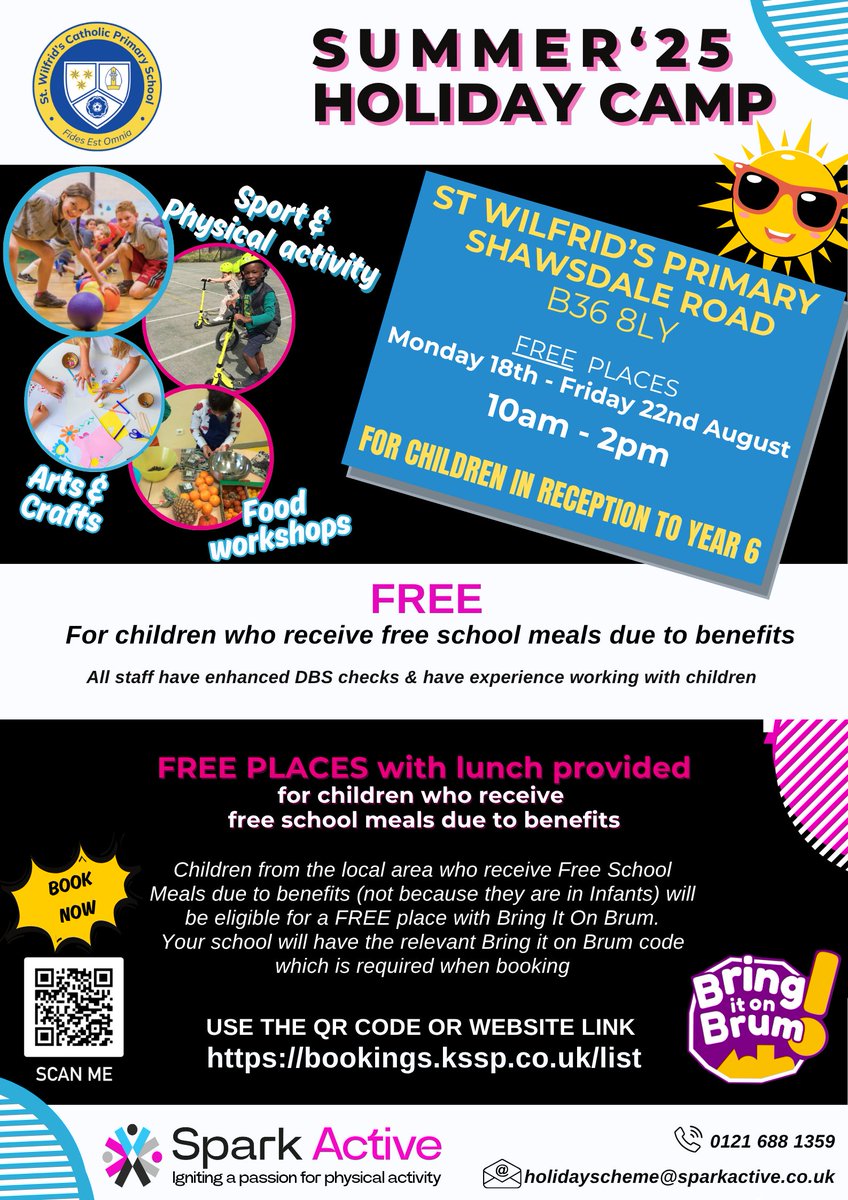 Spark Active (@sparkactivecic) on Twitter photo We are pleased to be running one week of FREE holiday provision <a href="/stwilfridrc/">St Wilfrid's</a> as part of the <a href="/bringitonbrum/">Bring it on Brum!</a> scheme. Places can booked by scanning the QR code or using the link. bookings.kssp.co.uk/project/69486.
<a href="/FirsPrimary/">Firs Primary School</a> <a href="/stwilfridrc/">St Wilfrid's</a> <a href="/TameValleyGLP/">Tame Valley Academy</a> <a href="/Colebourne/">Colebourne Primary School</a> <a href="/GrdangelsCP/">GuardianAngelsSch</a> We are pleased to be running one week of FREE holiday provision <a href="/stwilfridrc/">St Wilfrid's</a> as part of the <a href="/bringitonbrum/">Bring it on Brum!</a> scheme. Places can booked by scanning the QR code or using the link. bookings.kssp.co.uk/project/69486.
<a href="/FirsPrimary/">Firs Primary School</a> <a href="/stwilfridrc/">St Wilfrid's</a> <a href="/TameValleyGLP/">Tame Valley Academy</a> <a href="/Colebourne/">Colebourne Primary School</a> <a href="/GrdangelsCP/">GuardianAngelsSch</a>
