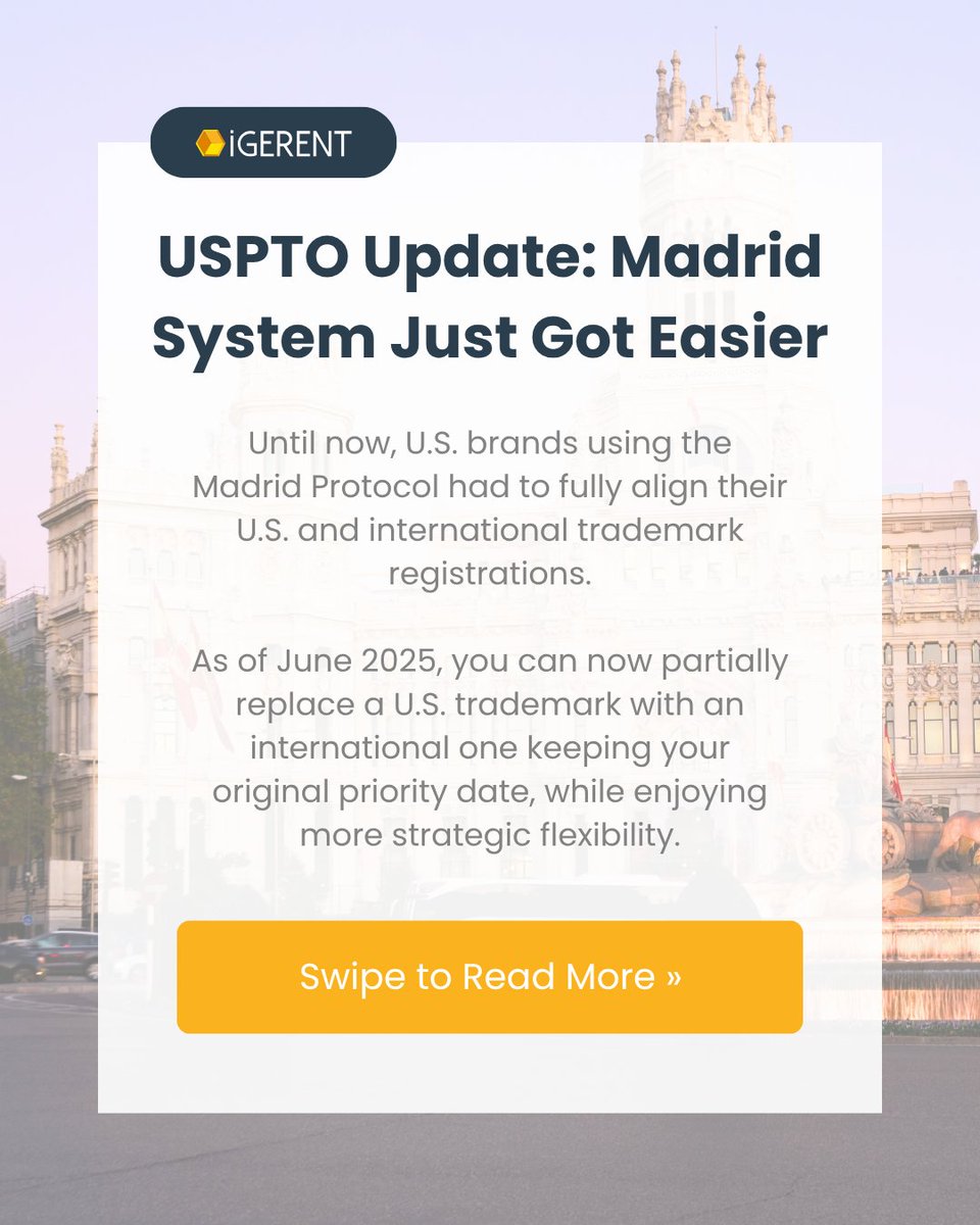 igerent's tweet image. 📢 Big update: the USPTO now allows partial replacement of national marks under the Madrid Protocol: more flexibility, same priority rights.

👉 Not sure what the Madrid Protocol is? Learn here: f.mtr.cool/btrqxjwrei

#IPNews #MadridProtocol