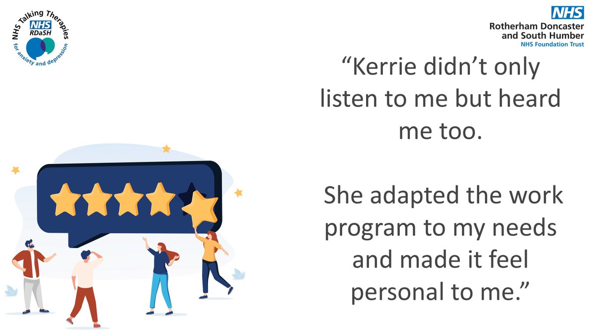 Caring therapists + passionate employment advisors = getting back to feeling like yourself again☀️

We can support you with your mental health and work situation. Find out more at rdash.nhs.uk/services/nhs-t…

✨Well done to Kerrie in the Rotherham team, our Feedback Friday star!