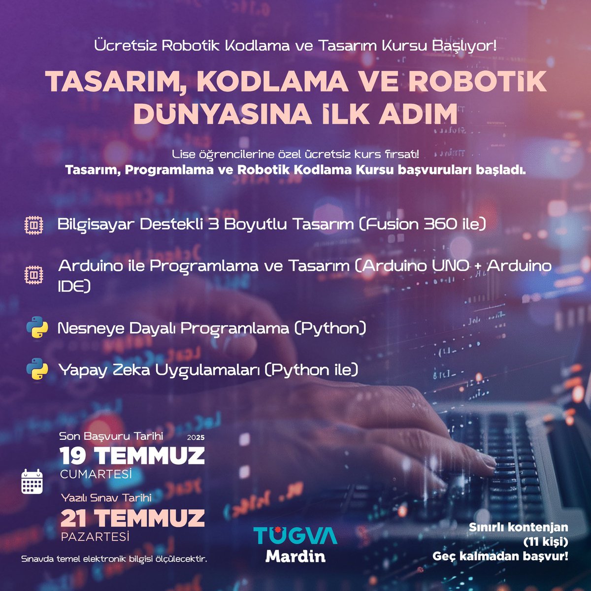 EminKurtay's tweet photo. 📢 Türkiye Gençlik Vakfı Mardin İl Temsilciliği olarak, İcathane Atölyemizde liseli gençlerimize yönelik eğitimlerimize başlıyoruz!
🔧💡 Gençlerimizi üretmeye, tasarlamaya ve teknolojiyi keşfetmeye davet ediyoruz.

Kayıt için 👇🏻

https://t.co/1Z7GxsYHBt https://t.co/Mjn1KZ50yh