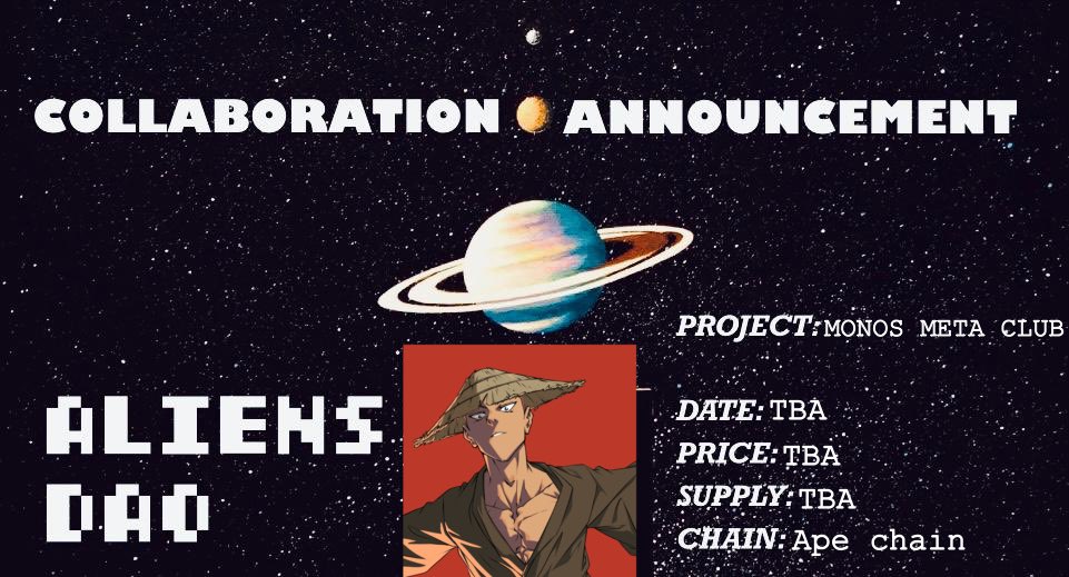 AliensM👽💜 (@basedaliens24) on Twitter photo COLLABORATION 🪩
PROJECT: <a href="/MonosMC/">MONOS META CLUB</a>
DETAILS:
PRICE:- TBA
SUPPLY:- TBA
CCHAIN:- Apechain
PRIZE: 20 GTD spot
TASKS: Follow: <a href="/MonosMC/">MONOS META CLUB</a> <a href="/Danko_ho/">Danko🍌𖤍</a> <a href="/Sneaksngeekz/">Sneaksngeekz</a> and <a href="/basedaliens24/">ALIENS DAO🪼</a>
- Like and repost
- Reply with evm wallet
GOODLUCK ALIENS 👾 COLLABORATION 🪩
PROJECT: <a href="/MonosMC/">MONOS META CLUB</a>
DETAILS:
PRICE:- TBA
SUPPLY:- TBA
CCHAIN:- Apechain
PRIZE: 20 GTD spot
TASKS: Follow: <a href="/MonosMC/">MONOS META CLUB</a> <a href="/Danko_ho/">Danko🍌𖤍</a> <a href="/Sneaksngeekz/">Sneaksngeekz</a> and <a href="/basedaliens24/">ALIENS DAO🪼</a>
- Like and repost
- Reply with evm wallet
GOODLUCK ALIENS 👾