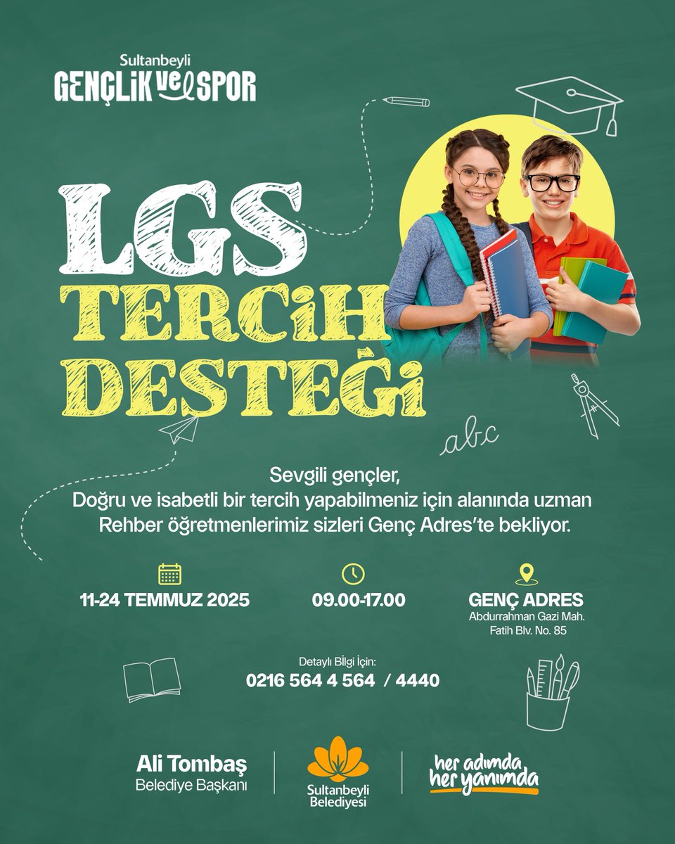 Sevgili Gençler,

LGS sonuçları hepinize hayırlı olsun. Tercih döneminde de yanındayız. 

Rehber öğretmenlerimizin gözetiminde doğru ve isabetli bir tercih için sizleri Genç Adres'imize bekliyorum. 🎯

📍Genç Adres
