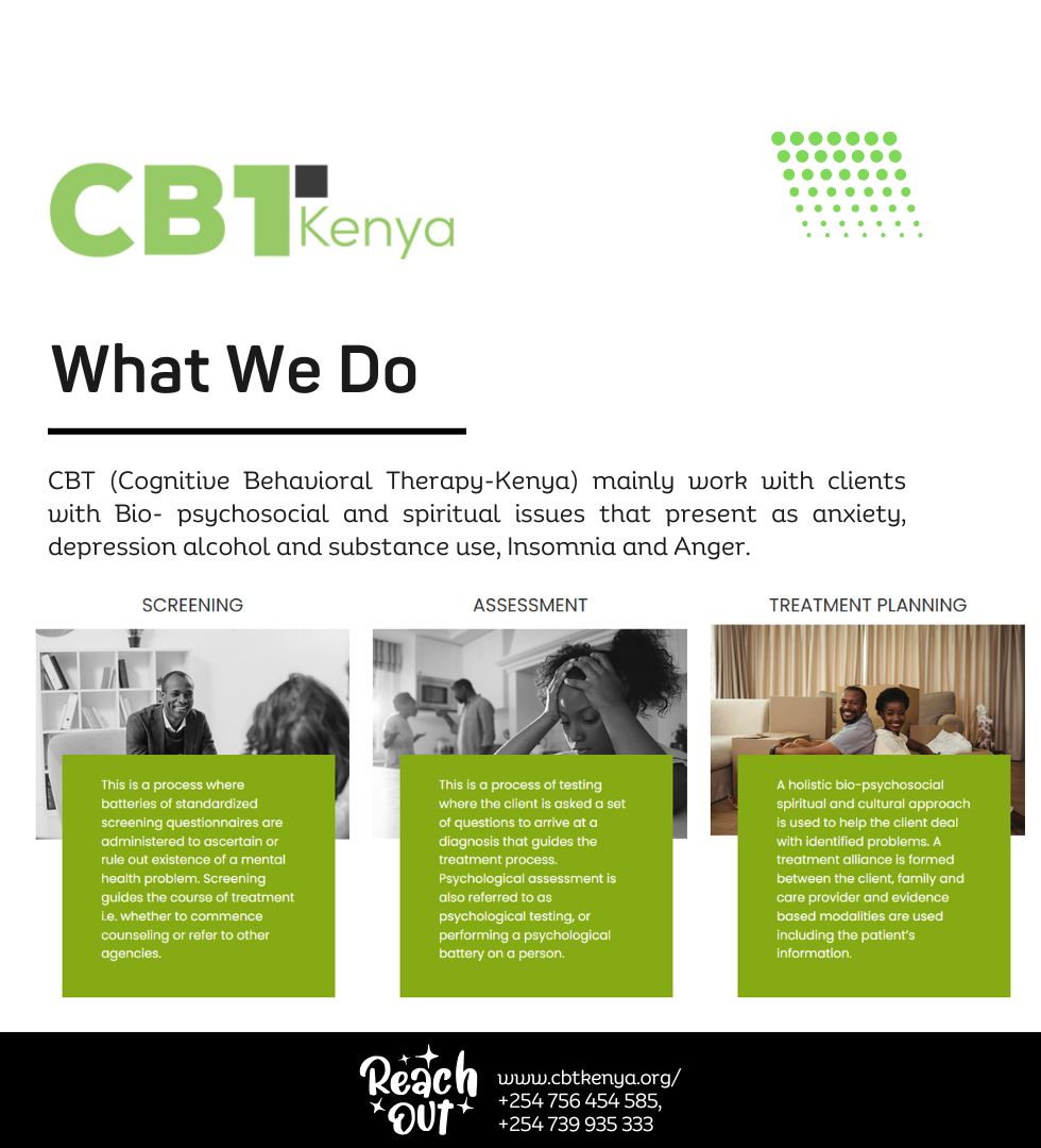 At CBT Kenya, we walk with you through every step Screening, Assessment, and Treatment Planning to support mental, emotional, and spiritual well-being.

Let’s tackle anxiety, depression, addiction, insomnia, and anger together.
📞 Reach out today cbtkenya.org