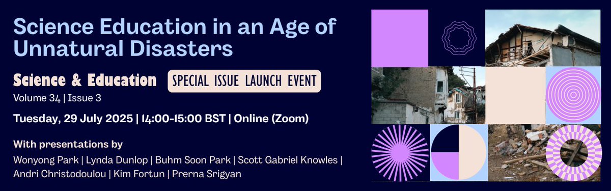 Southampton Education School (@sotoned) on Twitter photo "Science Education in an Age of Unnatural Disasters" Launch Event for Special Issue of Science & Education
Tuesday 29th July 2025 | 13:00-14:00 (BST) | Online (Zoom) w. Dr <a href="/WonyongPark89/">Wonyong Park</a>
๐ Event Registration: us06web.zoom.us/meeting/registโฆ
๐ Read here: link.springer.com/journal/11191/โฆ "Science Education in an Age of Unnatural Disasters" Launch Event for Special Issue of Science & Education
Tuesday 29th July 2025 | 13:00-14:00 (BST) | Online (Zoom) w. Dr <a href="/WonyongPark89/">Wonyong Park</a>
๐ Event Registration: us06web.zoom.us/meeting/registโฆ
๐ Read here: link.springer.com/journal/11191/โฆ