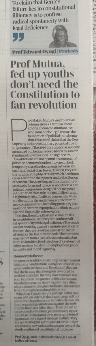 Prof. Oyugi‘s must reading for the day. This little article reflects original, rigorous, intuitive, intellectual thought &amp;understanding of nexus between society and politics. Juxtapose against the indolent pseudo intellectuals who are apologists &amp;propagandists, guns for hire.