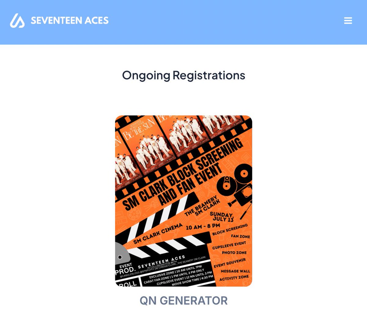 seventeen_ACEs's tweet photo. Block screening QN Generator is now available at [https://t.co/LnBOonzDle] Just input your unique order code and take a screen shot of your QN 😊

First come first serve on seats, we will follow the qn when lining up before entering the cinema. QN is based on the registration time stamp, early registrations means low qn 😊

Thank you and see you all!