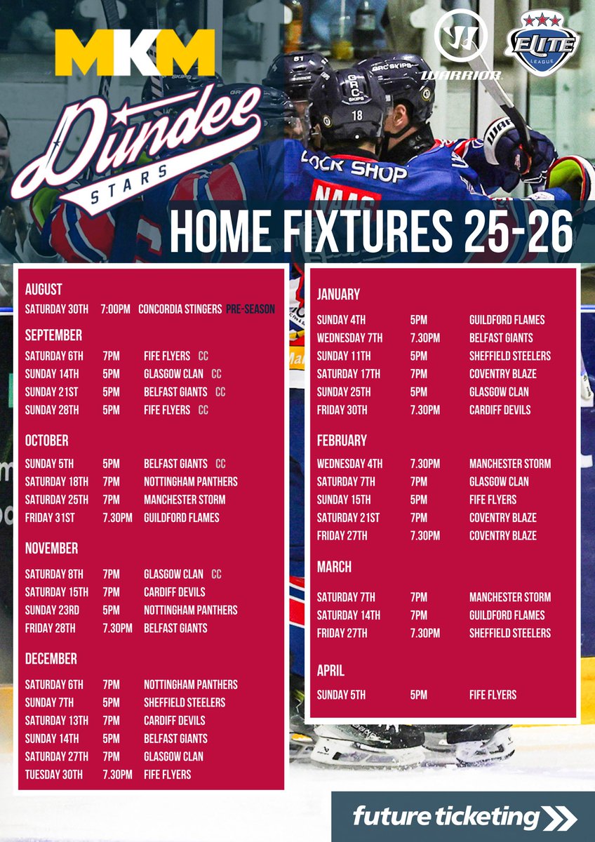 🤩 | AT OUR HOME

The MKM Dundee Stars are delighted to share our 2025/26 home fixtures 

We can’t wait for many more action packed nights at the Dundee Ice Arena with you all 🔥🙌

dundeestars.com/matches | #COYStars25