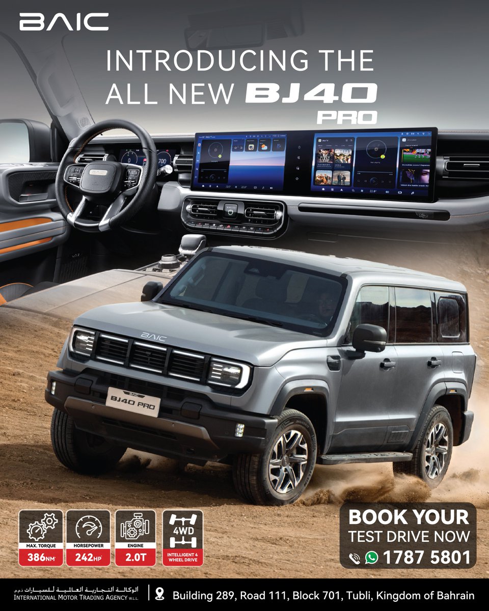 GDNonline's tweet image. Introducing the all-new BAIC BJ40 Pro.
Unleash your next adventure with the all-new BJ40 Pro. 🚙💨
Tap into intelligent 4WD, 386 Nm torque, and 242 HP of pure power.
📲 To Book your test drive WhatsApp at 1787 5801
@baic.bahrainofficial
#BJ40Pro #TechUnleashed #BAICBahrain…
