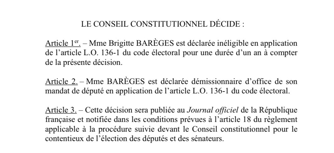AnttonRouget's tweet image. La députée @BrigitteBareges (ex-maire de Montauban, @groupeudr) est déclarée inéligible par le @Conseil_constit pour avoir fait travailler sur sa campagne deux collaborateurs de son cabinet en mairie. Elle est déclarée démissionnaire d’office.👇
conseil-constitutionnel.fr/sites/default/…