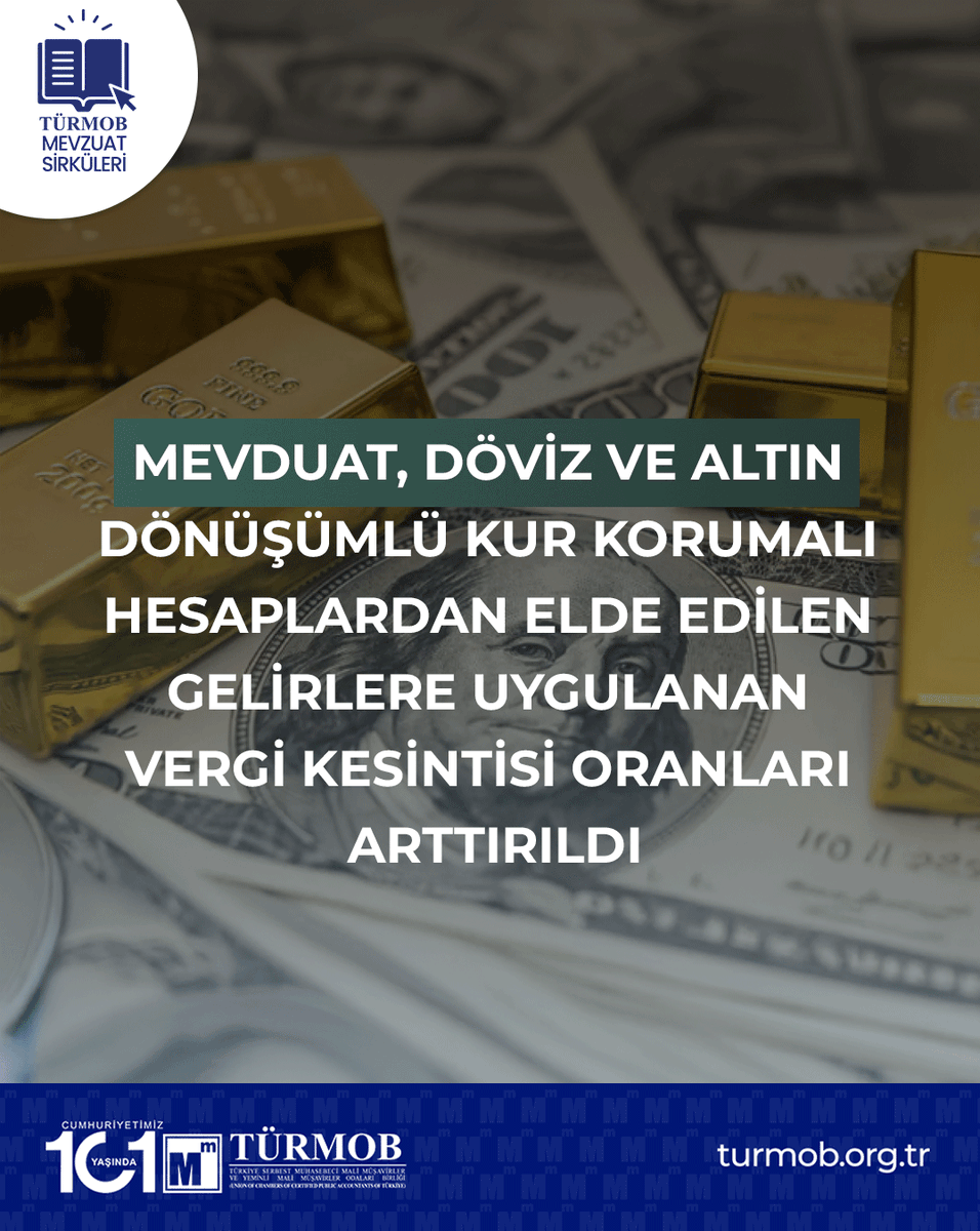 Mevduat, Döviz ve Altın Dönüşümlü Kur Korumalı Hesaplardan Elde Edilen Gelirlere Uygulanan Vergi Kesintisi Oranları Artırıldı ➡ turmob.info/3TyD0cQ

#türmob