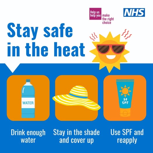Hot weather can lead to heat exhaustion or heatstroke. Watch out for:
📷 Dizziness or confusion
📷 Heavy sweating
📷 Fast pulse
📷 Feeling very tired or sick
If someone becomes unwell in the heat, act fast.
Visit nhs.uk and search how to cope in the heat