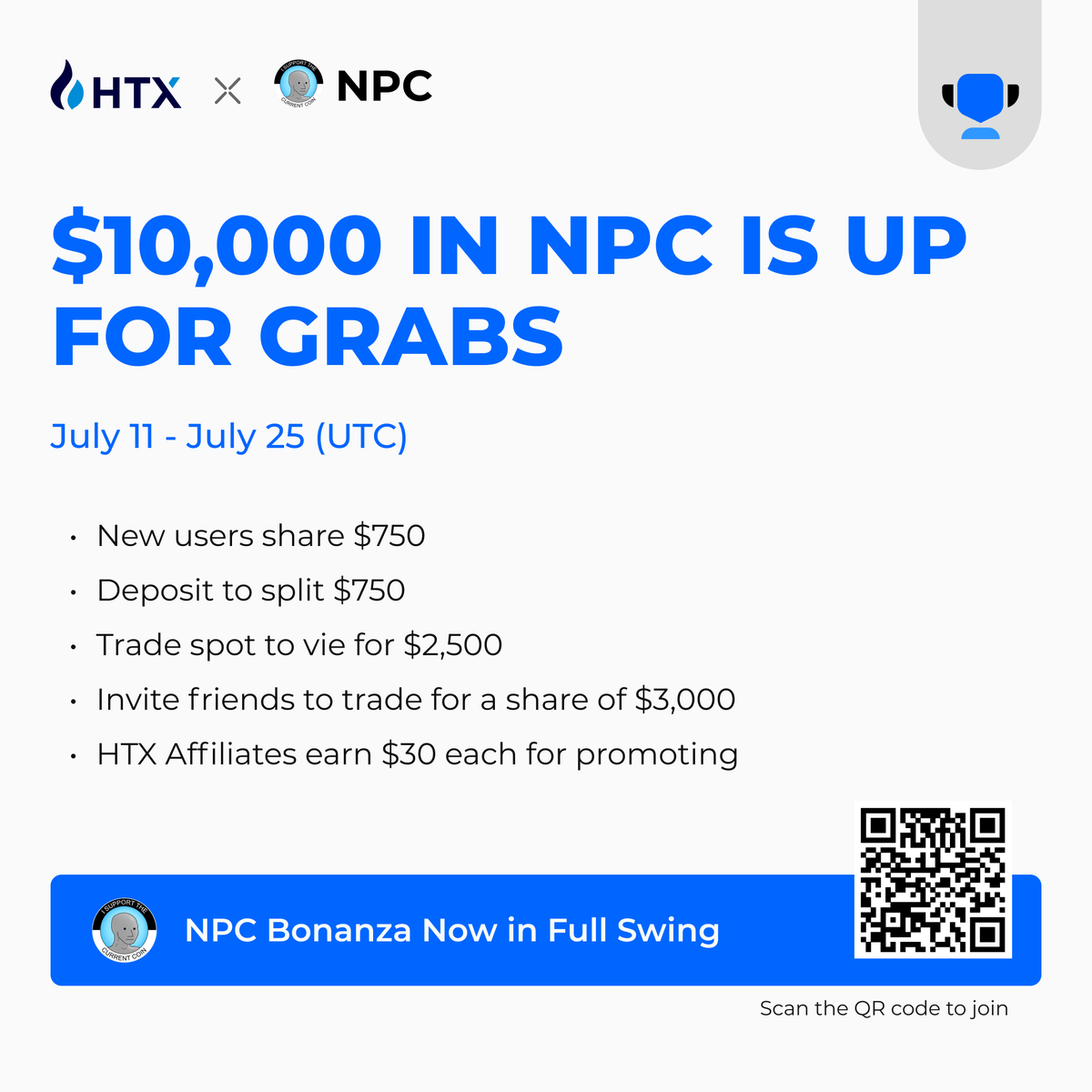 HTX_Global's tweet photo. 🔥 $NPC Goes Live! 
Prize Pool: $10,000 NPC 
Ends, July 25th!

🔹New Users Share $750 
🔹Deposit to Split $750 
🔹Trade spot to Split $2,500
🔹Invite friends to trade, Share $3K 
🔹Affiliates earn $30 each, promote now 

@NonPlayableCoin 

Scan the QR code to grab yours! https://t.co/PwI6dlVzLo
