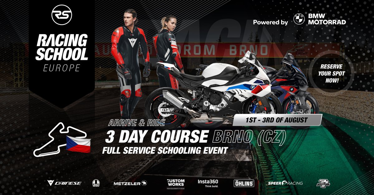 Racing School Europe - Powered by BMW Motorrad (@racingschooleu) on Twitter photo Next stop from the 🇨🇿 1st - 3rd of August. <a href="/amdbrno/">Automotodrom Brno</a>
Arrive & Ride the 2025 BMW Motorrad S 1000 RR!
3 days of Racing School with S 1000 RR
🔵 1 spots available
Final spot available below:
Register at: racing-school-europe.com Next stop from the 🇨🇿 1st - 3rd of August. <a href="/amdbrno/">Automotodrom Brno</a>
Arrive & Ride the 2025 BMW Motorrad S 1000 RR!
3 days of Racing School with S 1000 RR
🔵 1 spots available
Final spot available below:
Register at: racing-school-europe.com