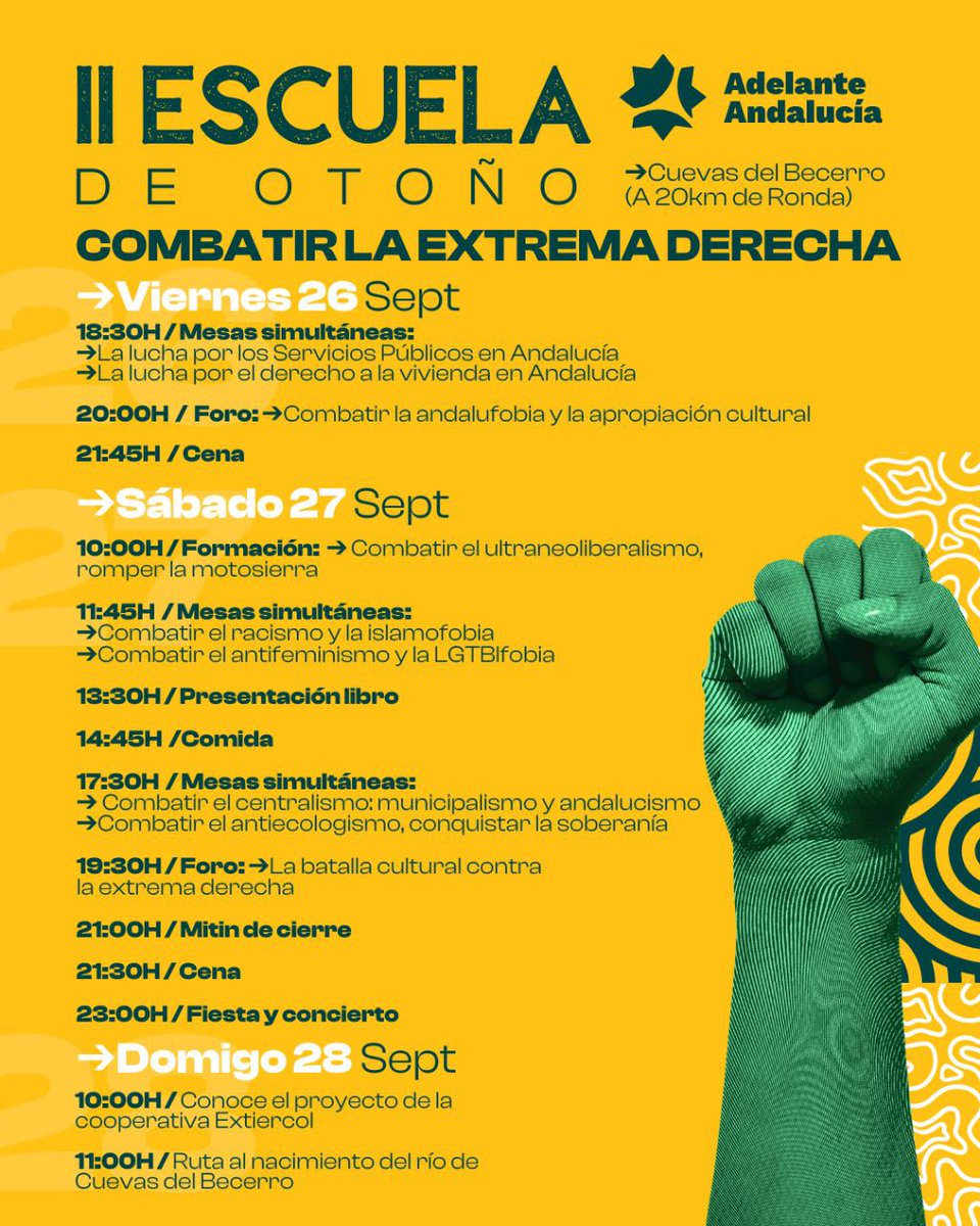 AdelanteAnd_SEV's tweet image. ¡Ya tenemos programa y ya puedes inscribirte para asegurar tu plaza en la Escuela de Otoño de Adelante el finde del 26, 27 y 28 de septiembre! ✊🏽

➜ adelanteandalucia.org/escuela-2025/

🤑 Si te apuntas antes del 31 de julio puedes aprovechar el precio reducido 💸