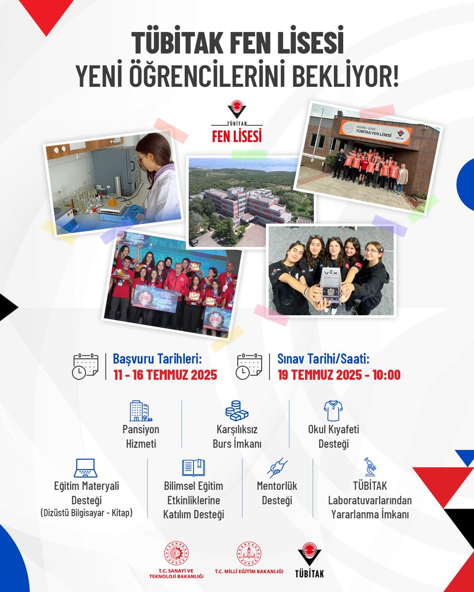 👩‍🎓👨‍🎓 Geleceğin lider bilim insanlarının yetişeceği TÜBİTAK Fen Lisesi, yeni eğitim öğretim yılı için öğrencilerini bekliyor!

📝 TÜBİTAK Fen Lisesi Merkezi Yetenek Giriş Sınavı, 2⃣5⃣ sınav merkezinde eş zamanlı yapılacak.

Başvuru tarihleri:
🗓️ 11-16 Temmuz

Sınav tarihi:
🗓️ 19