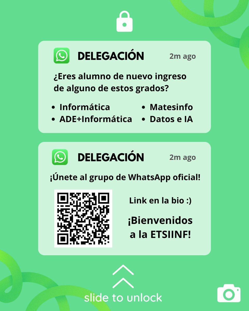 ✨ ¡Bienvenidos a la UPM! ✨

🎓 ¿Eres nuevo estudiante de uno de estos grados?
• Informática 💻
• Matemáticas e Informática 🔢
• Ciencia de Datos e IA 🤖
• Informática y ADE 💰

¡Únete al grupo de WhatsApp! 💬

#ETSIINF
#UPM 
#queydondeestudiar2025 
#queydondeestudiar25
