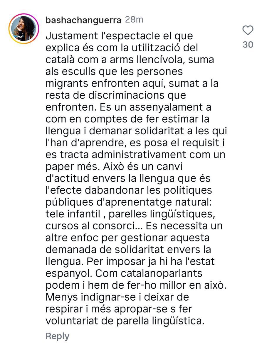 Aquest comentari és fascinant, meravellós. Ho té tot: “utilització del català com a arma”, “estimar la llengua”, “solidaritat”, “per imposar ja hi ha l’estat espanyol”. 

Obra d’art del discurs de l’esquerra simpàtica venuda als pitjors marcs de l’espanyolisme.