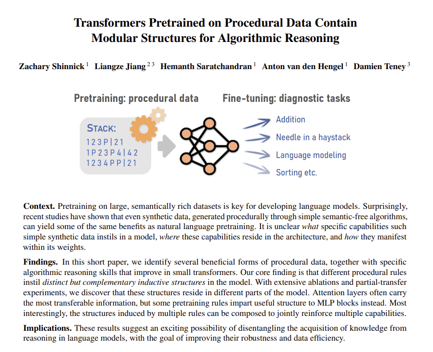 DamienTeney's tweet image. Do you need rich real-world data to pretrain a transformer?🤔We looked into procedural data (generated from formal languages or eg simulating a stack). Similarly to pretraining on code, this data can instill useful inductive biases but is completely free!⬇️🧵