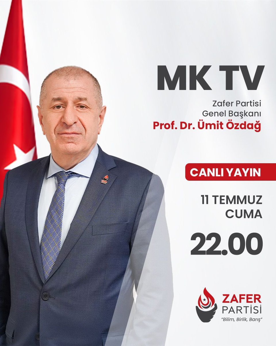 Genel Başkanımız Sayın Prof. Dr. Ümit Özdağ, bugün (11 Temmuz Cuma) saat 22.00’de MK TV’de Gamze Fidan’ın konuğu olacaktır.

Bu akşam PKK terör örgütünün silah bırakması ve gündeme dair değerlendirmeleri olacaktır. 

🗓️ 11 Temmuz Cuma
⏰ 22.00
📺 MK TV
