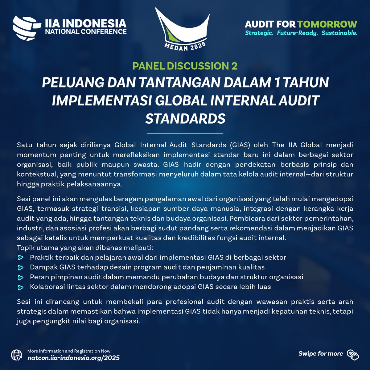 Bagaimana pengalaman awal dari organisasi yang telah mulai mengadopsi GIAS, termasuk strategi transisi, kesiapan sumber daya manusia, integrasi dengan kerangka kerja audit yang ada, hingga tantangan teknis dan budaya organisasi?

Ayo ikuti pembahasannya di natcon.iia-indonesia.org/2025