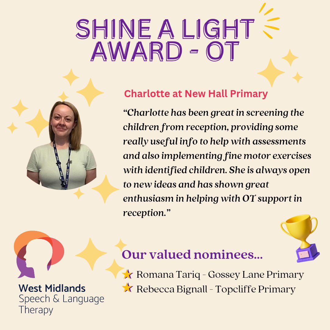 WMISLT2's tweet image. Each term we shine a light on staff who go the extra mile 🌟
Congrats to this term’s #SaLT and #OT winners—Shona and Charlotte! You’ve both won free resources for your setting @GW_Academy
A big well done to all our nominees for your continued hard work and dedication! 💜#bravo