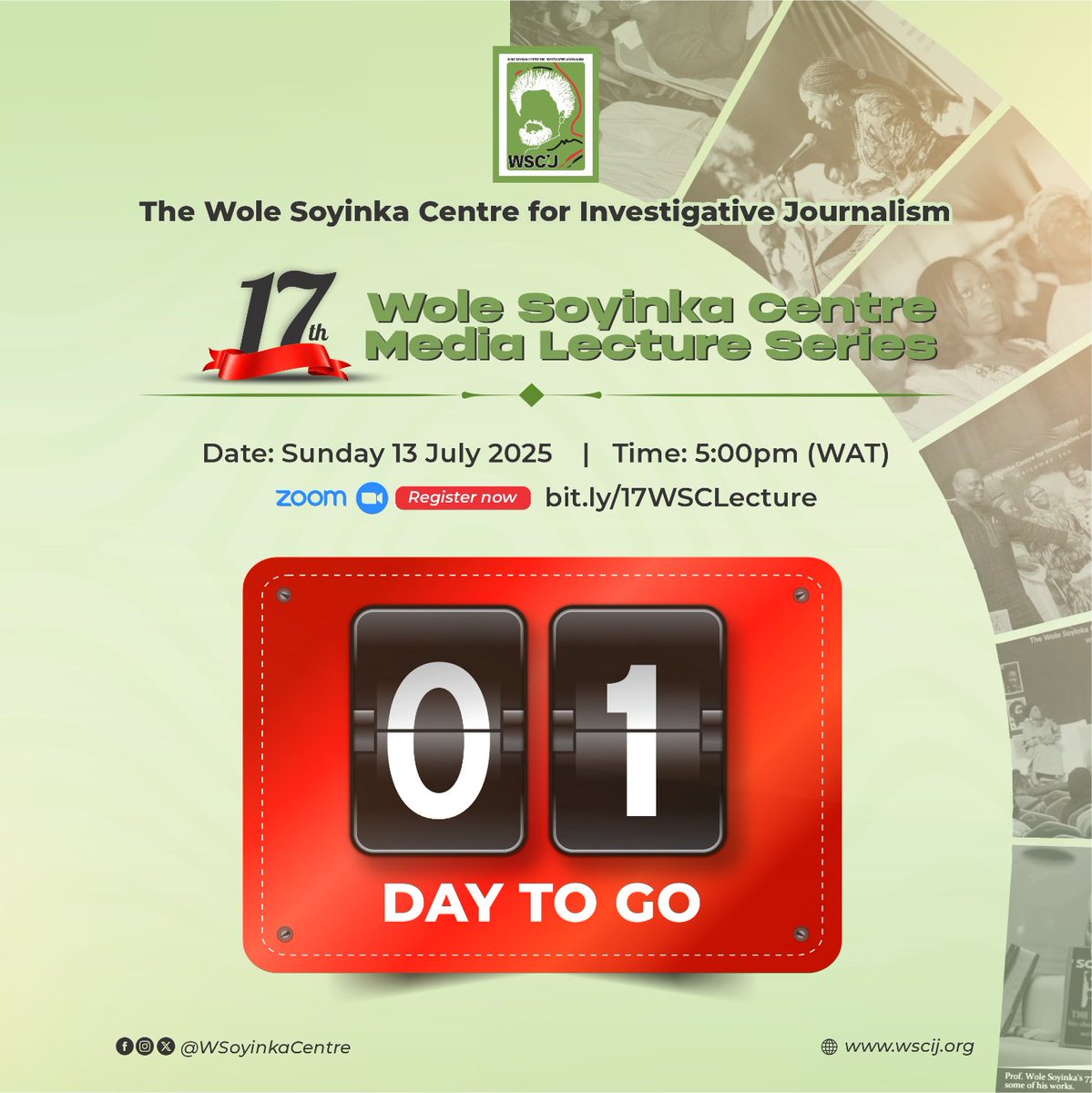 WSoyinkaCentre's tweet image. We are super excited. It’s almost here!

Register now🔗 bit.ly/17WSCLecture to be part of the 17th #WSCLecture happening this Sunday, 13 July 2025.
🎯Theme: Surveillance, safety and the silencing of truth.
⏰5:00pm (WAT)

Don’t miss it!

#17WSCLecture #WSCLecture2025