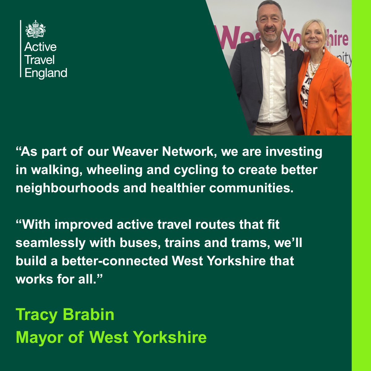 activetraveleng's tweet image. In West Yorkshire, active travel will play a big part in the Weaver Network. More from Mayor @TracyBrabin on why she, along with 11 fellow Mayors, is committing to improving walking, wheeling and cycling to create healthier communities.
More: activetravelengland.gov.uk/news/englands-…