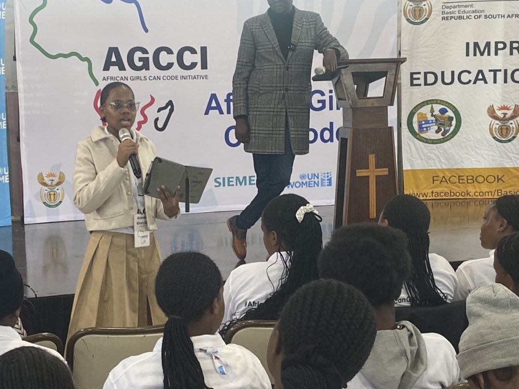 DBE_SA's tweet photo. #AGCCI | Today the African Girls Can Code Initiative (AGCCI) boot camp kicked off with a reflections session during which the girls shared their thoughts and experiences with the #AGCCI so far.  

#GirlsInTech #GirlsInSTEM #CodingAndRobotics https://t.co/gQlSy77dEH