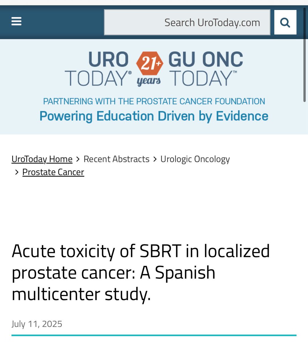 Felipe Couñago PhD (@fcounago) on Twitter photo 🇪🇸 Our Spanish multicenter study on SBRT for localized prostate cancer is featured by <a href="/urotoday/">UroToday.com</a> !
✅ 251 pts, 12 centers
✅ Low acute toxicity
✅ Real-world data
🔗 urotoday.com/recent-abstrac…
🙏 Thanks @UroToday for highlighting our work!
#SBRT #ProstateCancer #RadOnc 🇪🇸 Our Spanish multicenter study on SBRT for localized prostate cancer is featured by <a href="/urotoday/">UroToday.com</a> !
✅ 251 pts, 12 centers
✅ Low acute toxicity
✅ Real-world data
🔗 urotoday.com/recent-abstrac…
🙏 Thanks @UroToday for highlighting our work!
#SBRT #ProstateCancer #RadOnc
