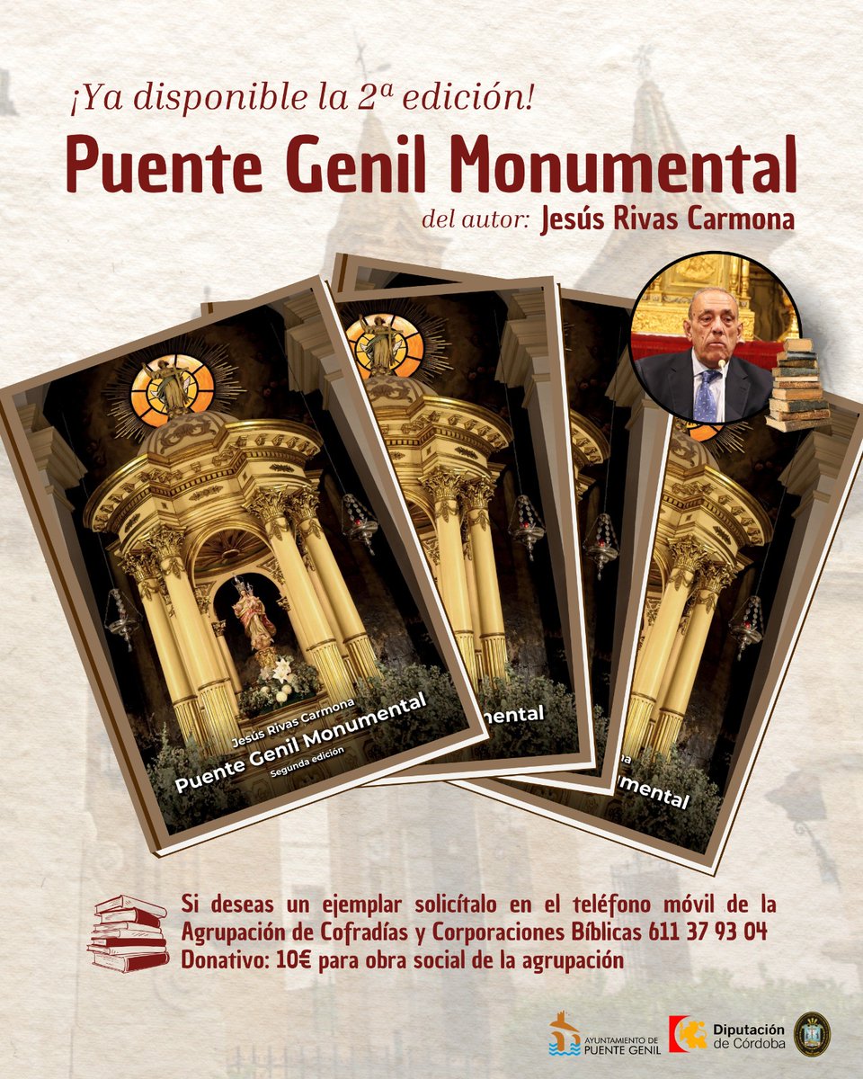 Quién esté interesado en adquirir un ejemplar de la segunda edición del libro de Don Jesús Rivas Carmona "𝗣𝘂𝗲𝗻𝘁𝗲 𝗚𝗲𝗻𝗶𝗹 𝗠𝗼𝗻𝘂𝗺𝗲𝗻𝘁𝗮𝗹" deberá pasarse por la sede de la Agrupación de Cofradías el próximo lunes 𝟭𝟰 𝗱𝗲 𝗷𝘂𝗹𝗶𝗼 𝗱𝗲 𝟮𝟭:𝟬𝟬 𝗵 𝗮 𝟮𝟮:𝟯𝟬 𝗵