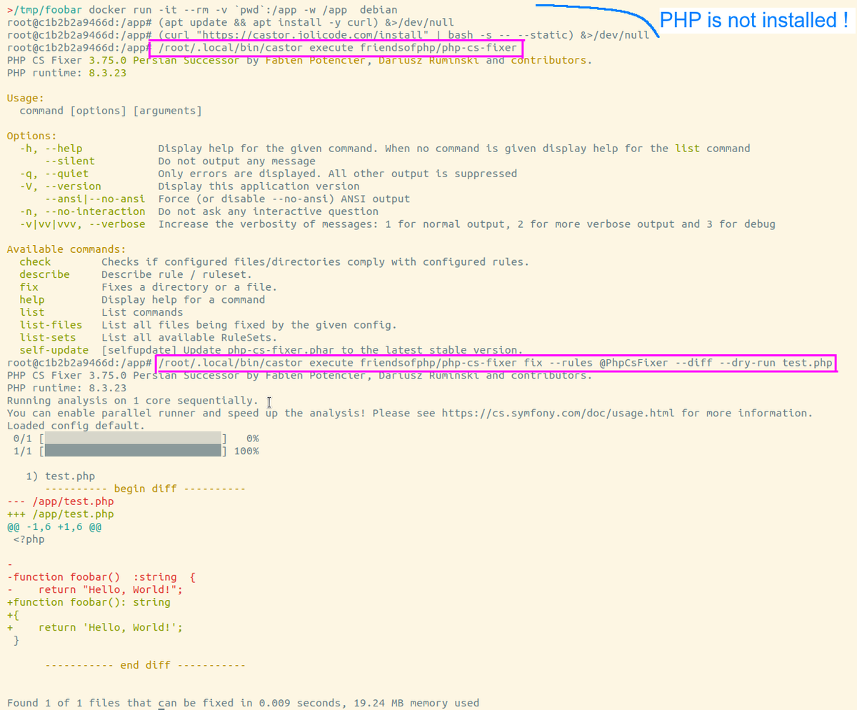 Gregoire Pineau (@lyrixx) on Twitter photo We have released a new version of Castor! 🦫
What's its best feature?
`castor execute some-composer/package`
Example with latest release of <a href="/PHPCSFixer/">PHP-CS-Fixer</a>, where we don't even need PHP to run it! 🤯🤯🤯
castor.jolicode.com/getting-starte… We have released a new version of Castor! 🦫
What's its best feature?
`castor execute some-composer/package`
Example with latest release of <a href="/PHPCSFixer/">PHP-CS-Fixer</a>, where we don't even need PHP to run it! 🤯🤯🤯
castor.jolicode.com/getting-starte…