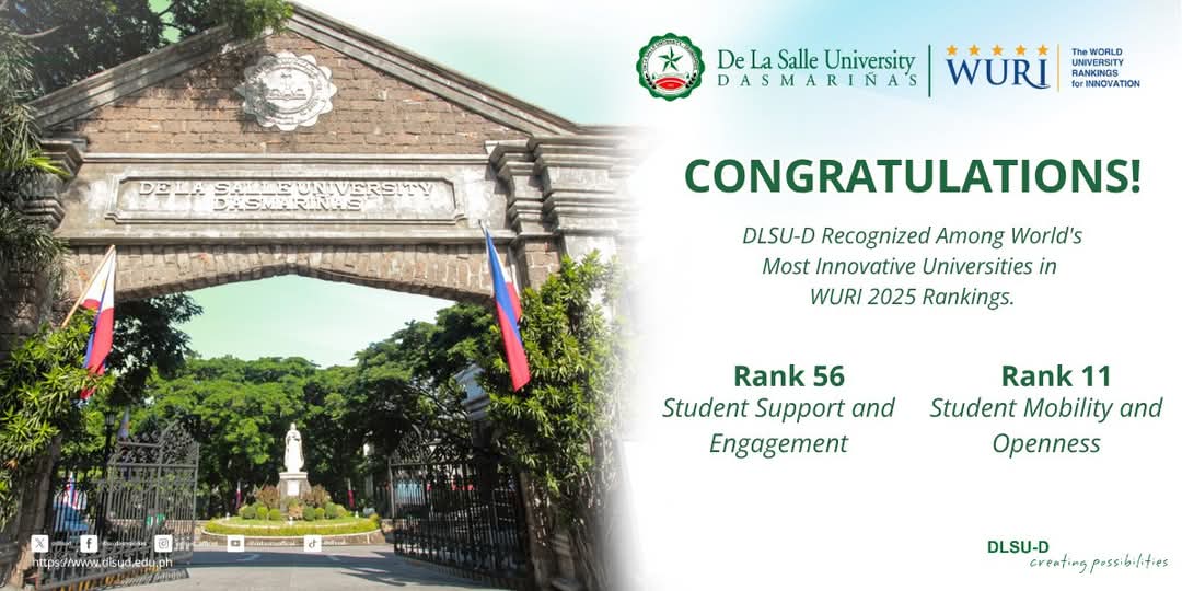 DLSUD's tweet image. 𝐃𝐋𝐒𝐔-𝐃 𝐑𝐞𝐜𝐨𝐠𝐧𝐢𝐳𝐞𝐝 𝐀𝐦𝐨𝐧𝐠 𝐖𝐨𝐫𝐥𝐝&apos;𝐬 𝐌𝐨𝐬𝐭 𝐈𝐧𝐧𝐨𝐯𝐚𝐭𝐢𝐯𝐞 𝐔𝐧𝐢𝐯𝐞𝐫𝐬𝐢𝐭𝐢𝐞𝐬 𝐢𝐧 𝐖𝐔𝐑𝐈 𝟐𝟎𝟐𝟓 𝐑𝐚𝐧𝐤𝐢𝐧𝐠𝐬.

Read more : dlsud.edu.ph/news/2025/wuri…

#CreatingPossibilities #dlsud #AnimoLaSalle