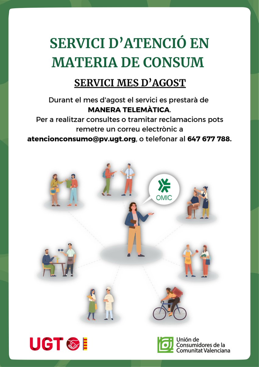 UGT País Valencià (@ugtpv) on Twitter photo 📢 Estàs afiliada o afiliat a #UGTPV?
☝️ Recorda que oferim atenció gratuïta en matèria de consum gràcies a l’acord amb <a href="/ucvalencia/">Unió de Persones Consumidores</a>.
👩💻 A l’agost, el servei serà només telemàtic.
Consulta’ns els teus dubtes i reclamacions! 📢 Estàs afiliada o afiliat a #UGTPV?
☝️ Recorda que oferim atenció gratuïta en matèria de consum gràcies a l’acord amb <a href="/ucvalencia/">Unió de Persones Consumidores</a>.
👩💻 A l’agost, el servei serà només telemàtic.
Consulta’ns els teus dubtes i reclamacions!