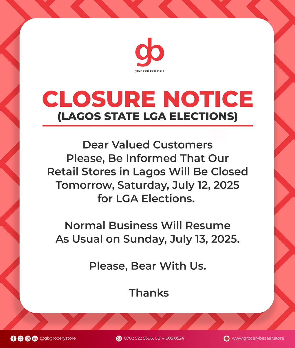gbgrocerystore's tweet photo. Quick Notice📌

#LGAelection #grocerybazaar #gb #yourpadipadistore https://t.co/1RyiMh5HwW