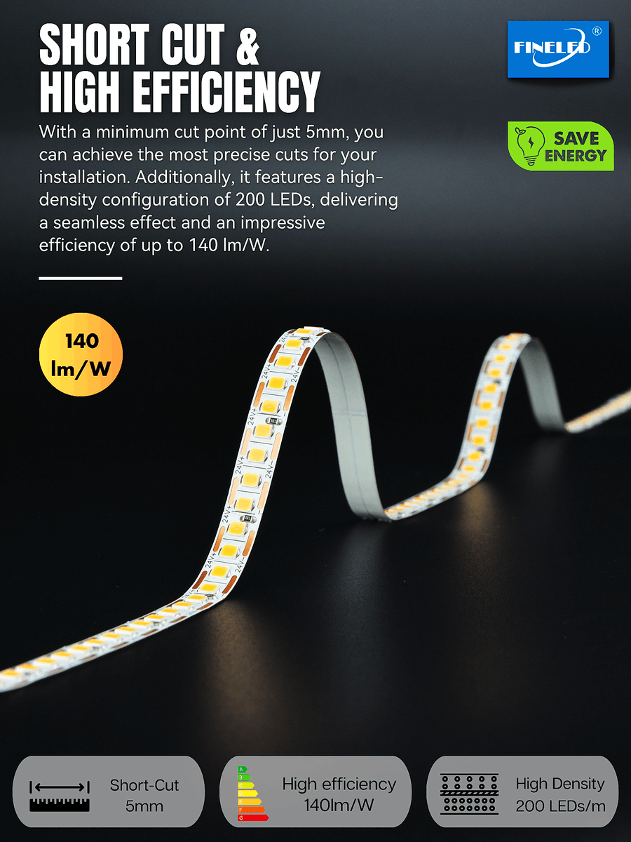 fineledlights's tweet photo. With a minimum cut point of just 5mm, you can achieve the most precise cuts for your installation. Additionally, it features a high-density configuration of 200 LEDs, delivering a seamless effect and an impressive efficiency of up to 140 lm/W. https://t.co/WbLwtQsgZN