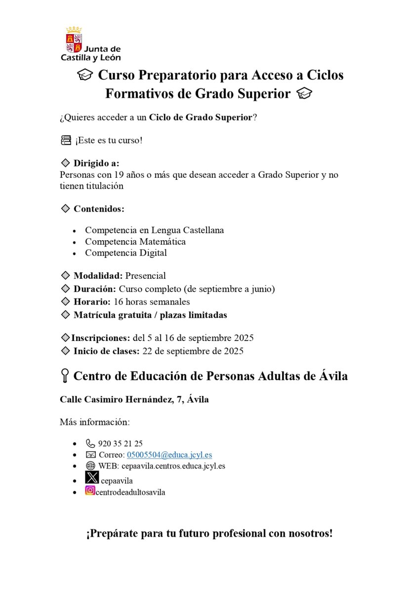 Atención: nueva enseñanza en el centro de adultos, Curso preparatorio para acceso a ciclos formativos de Grado Superior.