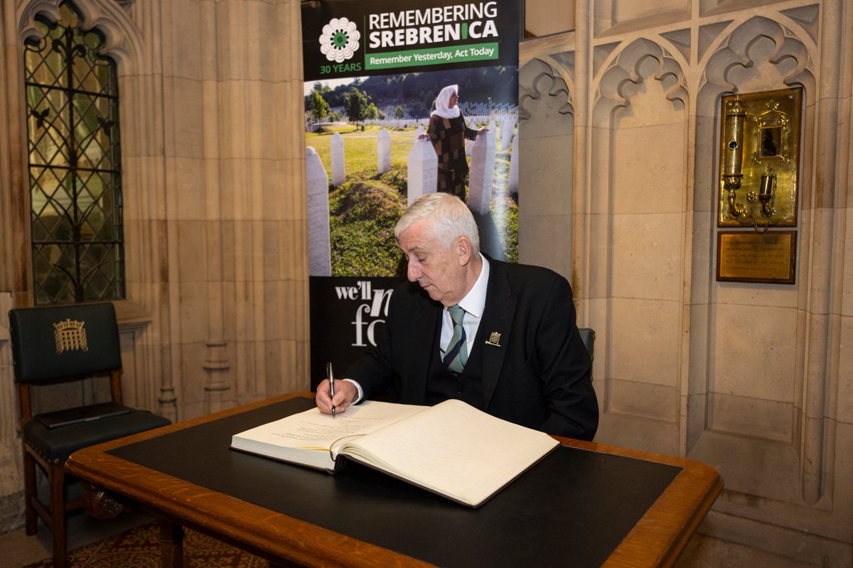 CommonsSpeaker's tweet image. This week, I signed a book of remembrance marking 30 years since the horrific genocide in Srebrenica. May the lessons of Srebrenica guide us in safeguarding the freedoms and lives of future generations.