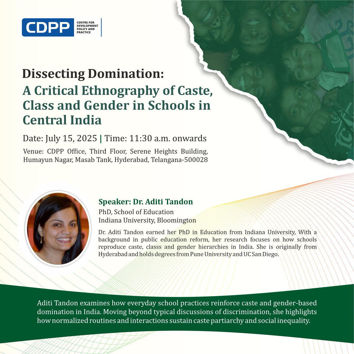 Centre for Development Policy and Practice (@cdpp_india) on Twitter photo Join <a href="/cdpp_india/">Centre for Development Policy and Practice</a> on July 15 at 11:30 AM for Dr. Aditi Tandonās talk on caste, class & gender in Indian schools at CDPP, Hyderabad.
#EducationResearch #SocialJustice #EquityInEducation Join <a href="/cdpp_india/">Centre for Development Policy and Practice</a> on July 15 at 11:30 AM for Dr. Aditi Tandonās talk on caste, class & gender in Indian schools at CDPP, Hyderabad.
#EducationResearch #SocialJustice #EquityInEducation