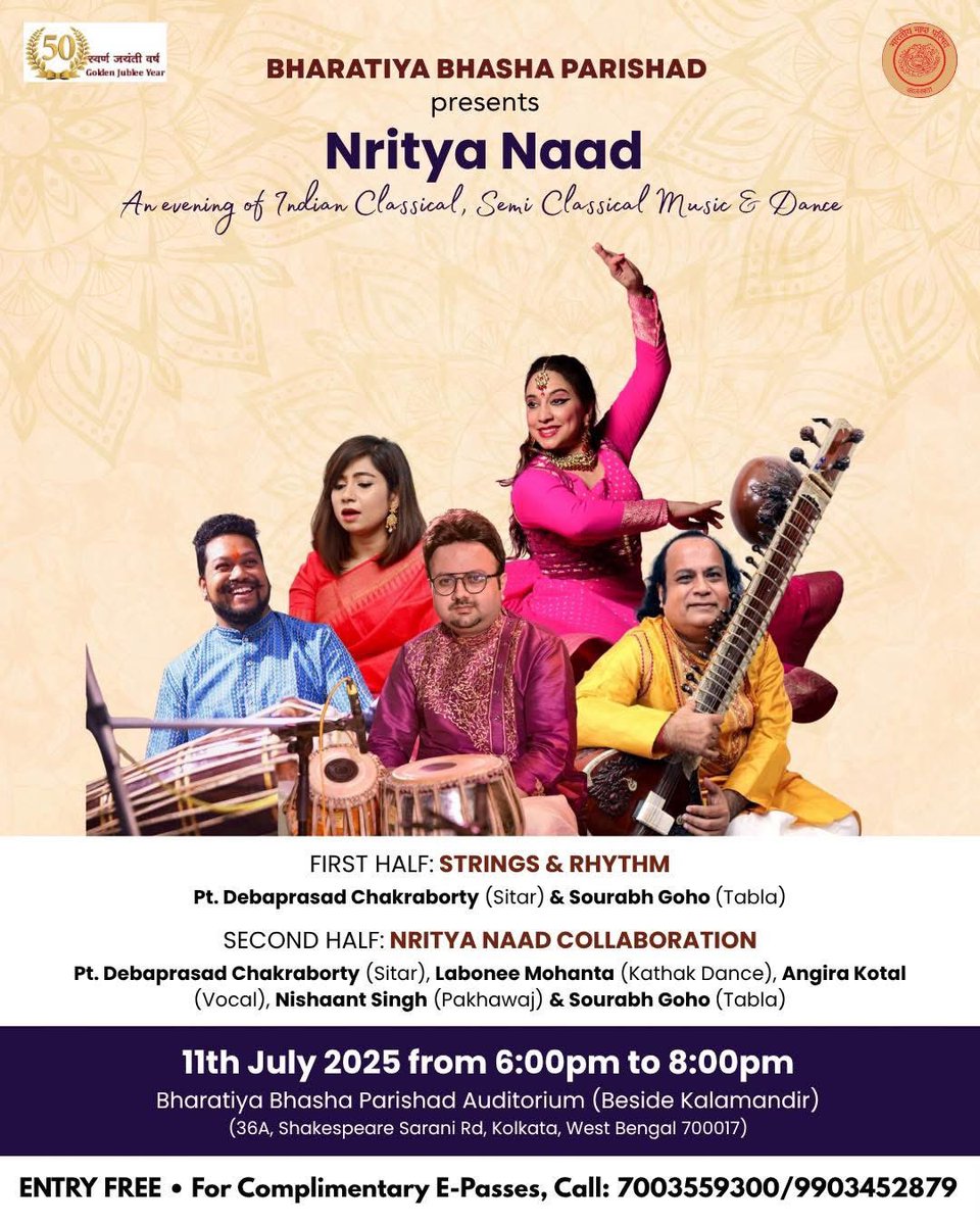 Kolkata, witness the magic yet again at Bharatiya Bhasha Parishad this evening! 

This unique collaboration explores the intricate interplay of movement, melody and rhythm, lyrical songs and unconventional jugalbandis. Don’t miss!

#tabla #kathak #sitar #vocal #pakhawaj