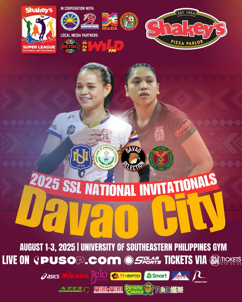 ShakeysLeague's tweet photo. Weβre taking fun to DAVAO CITY!
Donβt miss the Davao City leg of the 2025 Shakeyβs Super League National Invitationals, happening from August 1 to 3, 2025, live at the University of Southeastern Philippines Gym in Davao City!
#SSLNationalInvitationals2025 https://t.co/1Cwjm0hi9P