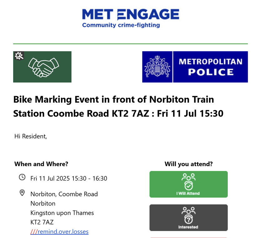 The local police (<a href="/MPSKingston/">Kingston Police</a> / @MPSNorbiton) will be back at Norbiton Station for more <a href="/bikeregister/">BikeRegister</a> marking from 3.30-4.30pm today (Friday 11 July)