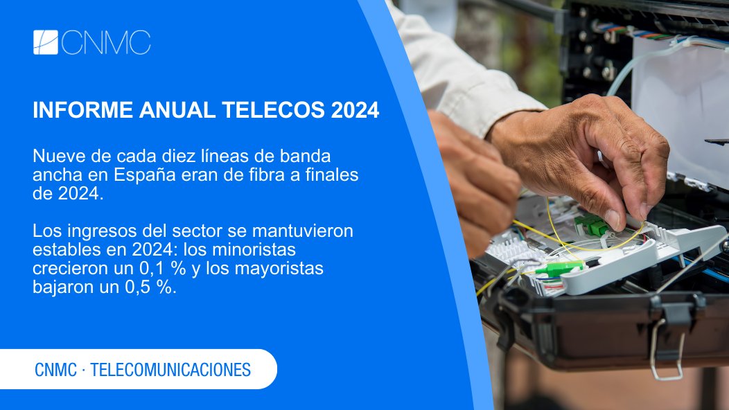 #Telecos| Nueve de cada diez líneas de banda ancha en España eran de fibra a finales de 2024.

📃NP: bit.ly/40I6VTE