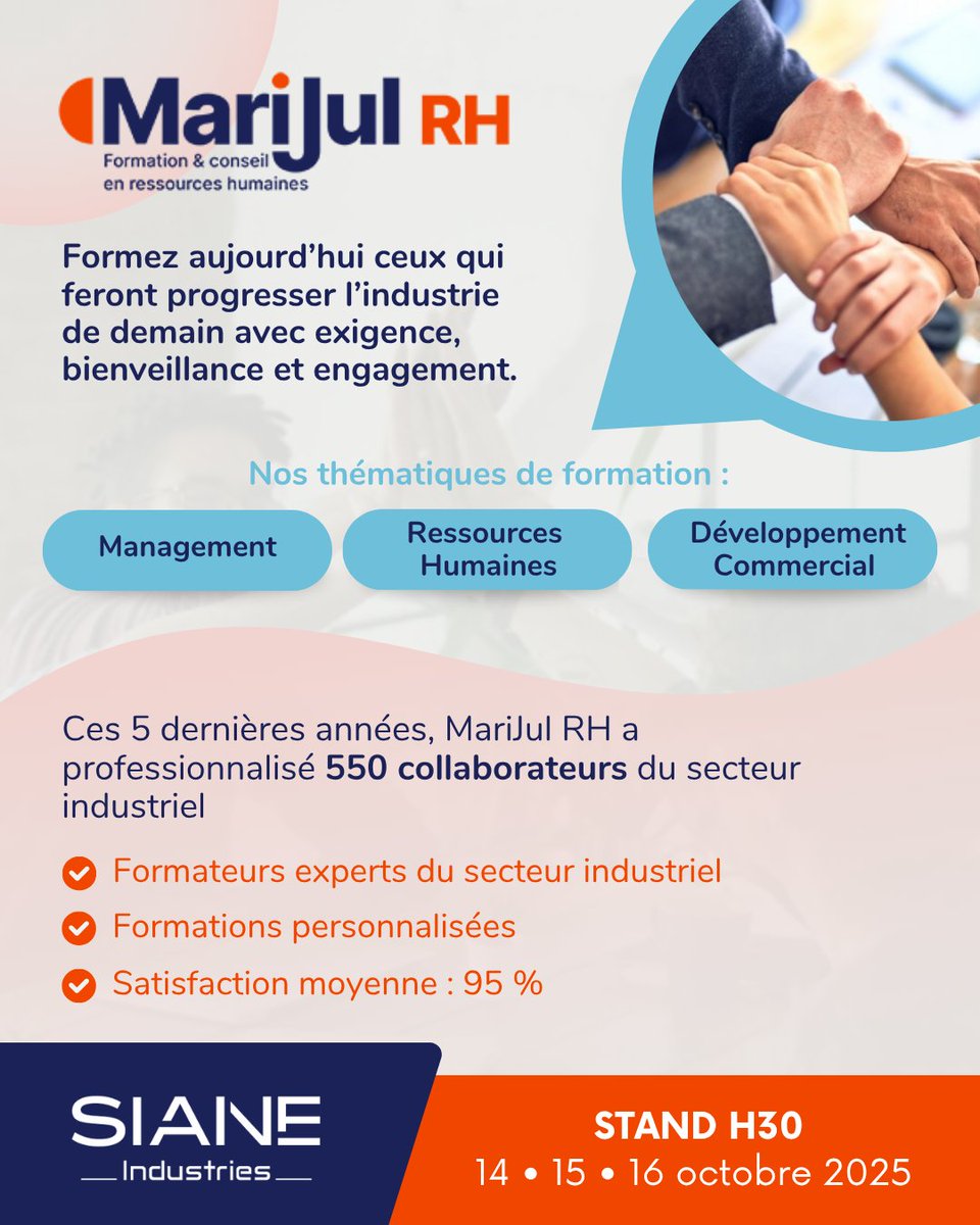 Depuis plus de 20 ans, MariJul RH forme les femmes et les hommes de terrain

✨ Leurs thématiques de formation :
•  Management
•  Ressources Humaines
•  Développement commercial

Venez à la rencontre de MariJul RH les 14, 15 &amp; 16 octobre 2025 !

lnkd.in/e7i6dNay