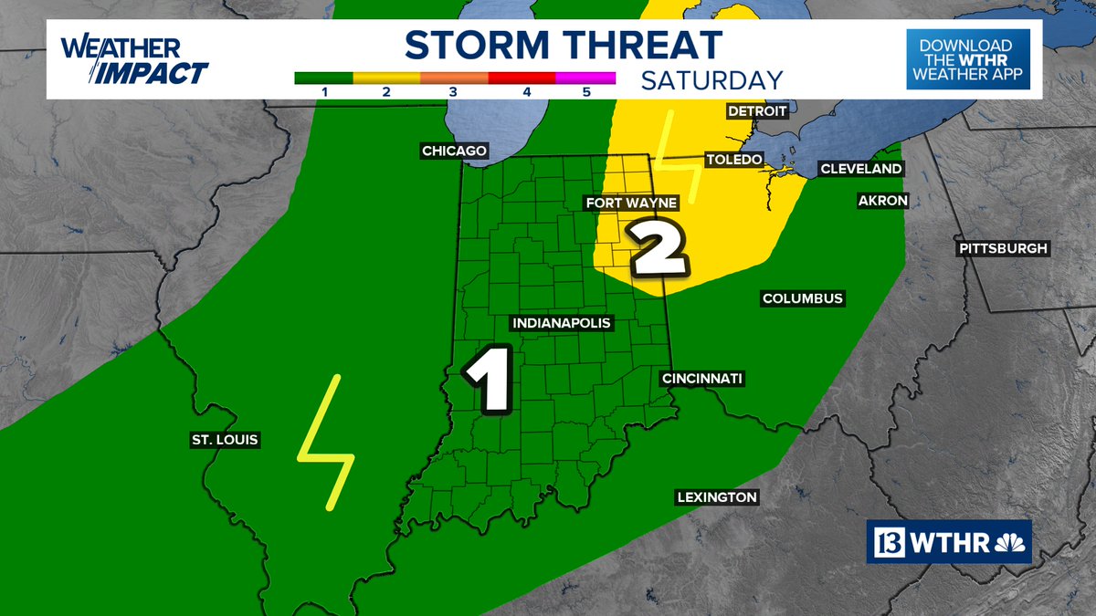 A warm front today (Fri) is priming Indiana with more heat and humidity. A cold front tomorrow (Sat) will create scattered storms with lightning and gusty winds. A level 1 - 2 severe risk is in place across Indiana. #INwx <a href="/WTHRcom/">WTHR.com</a>