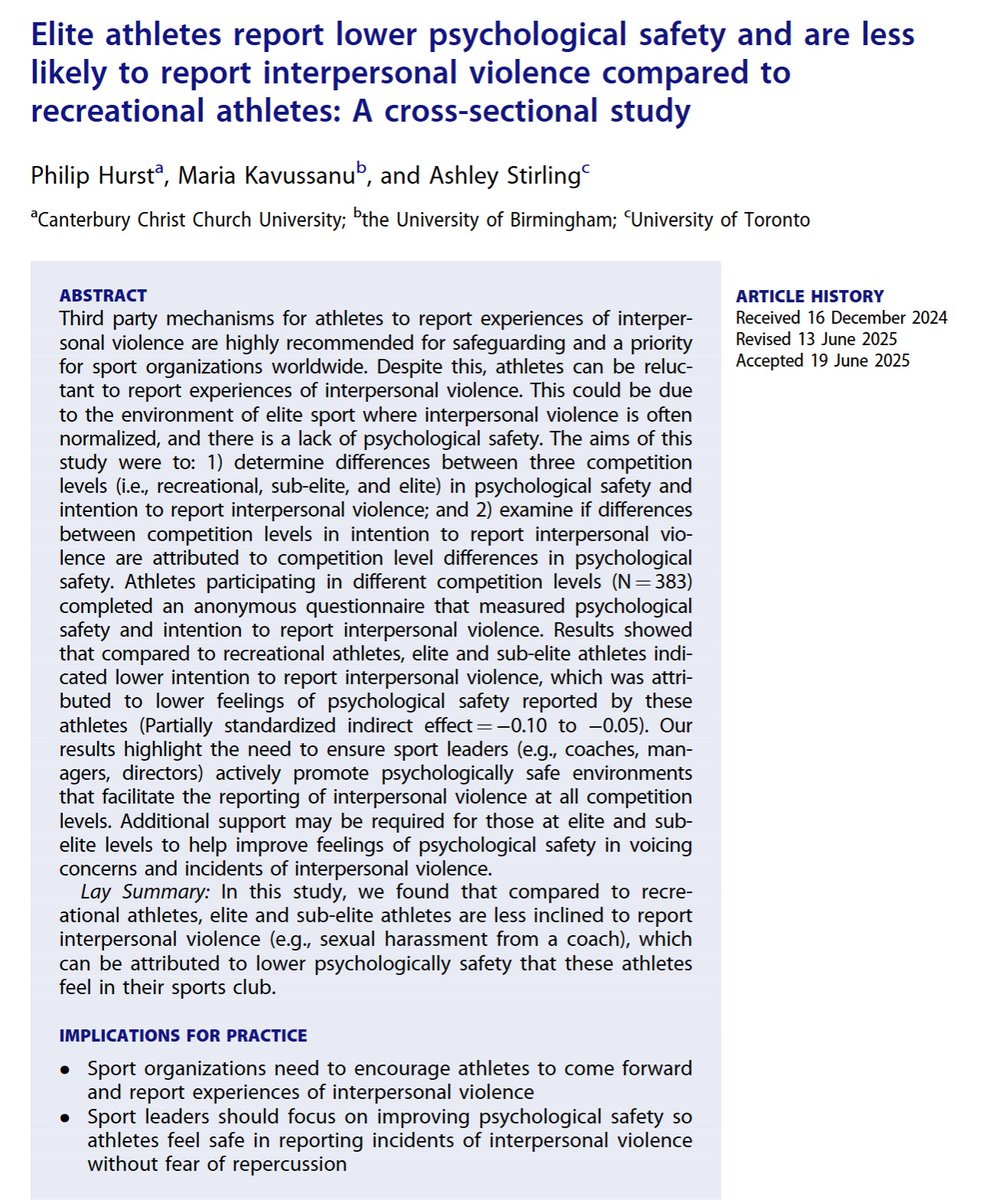 phil_hurst1's tweet image. 🚨New paper🚨
Elite athletes are less likely to report abuse than recreational and sub-elite athletes
Reasons are underpinned by how psychologically safe they feel in speaking up about their concerns
Full text is open access and available here:
tandfonline.com/doi/epdf/10.10…