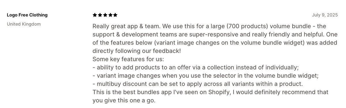 🔥 Feedback-driven, merchant-focused.

We’re thrilled to see merchants getting real value out of our Bundles app on <a href="/Shopify/">Shopify</a>  🙌

Every feature we launch is inspired by real merchant needs - and this latest review reminds us why we do what we do.

apps.shopify.com/grouped-produc…