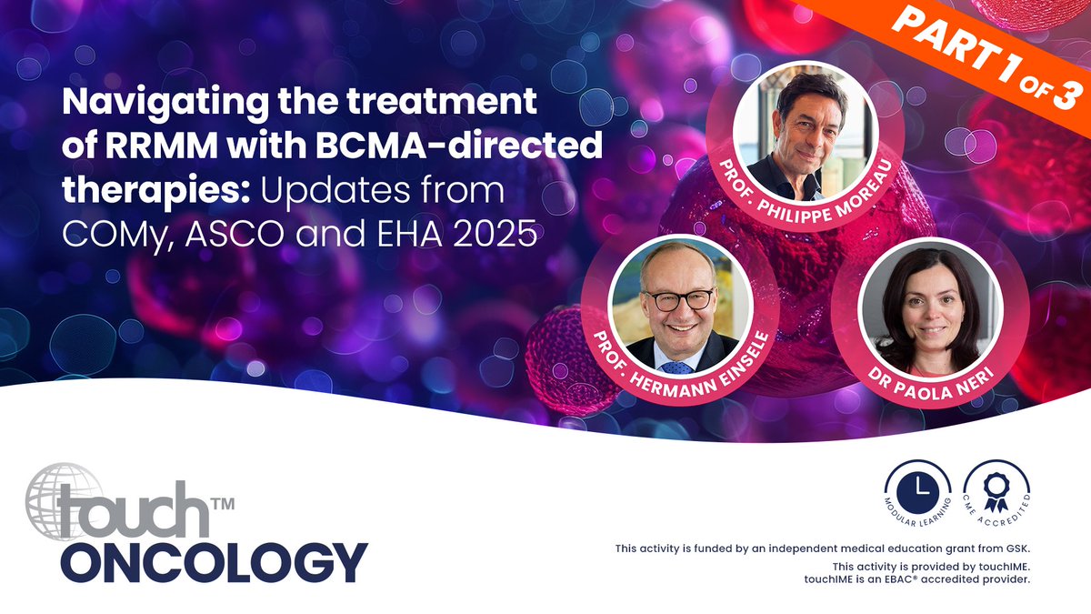 touchONCOLOGY's tweet image. 🧬 What’s new in BCMA-targeting for #MultipleMyeloma?

Prof. Philippe Moreau, Prof. Hermann Einsele &amp;amp; Dr Paola Neri review key data from #COMy2025, #ASCO2025 &amp;amp; #EHA2025 and its impact on clinical practice.

Don’t miss this expert update.

touchoncologyime.org/bcma-mm-comy-a…  

@IMFmyeloma
